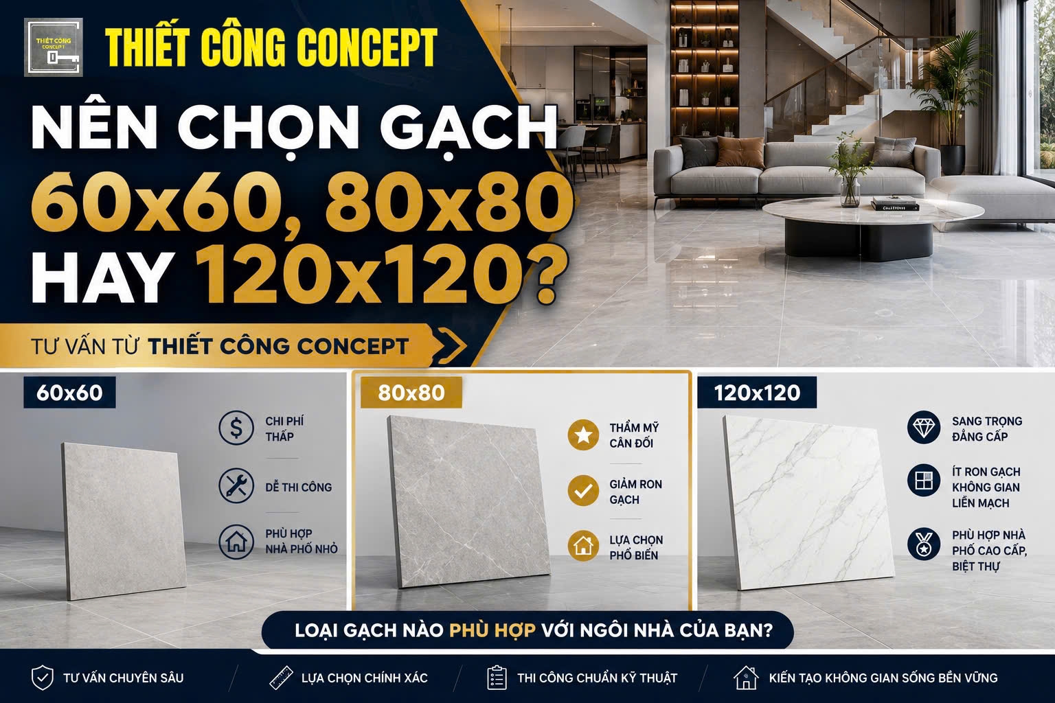 NÊN CHỌN GẠCH 60X60, 80X80 HAY 120X120? CHIA SẼ TỪ THIẾT CÔNG CONCEPT