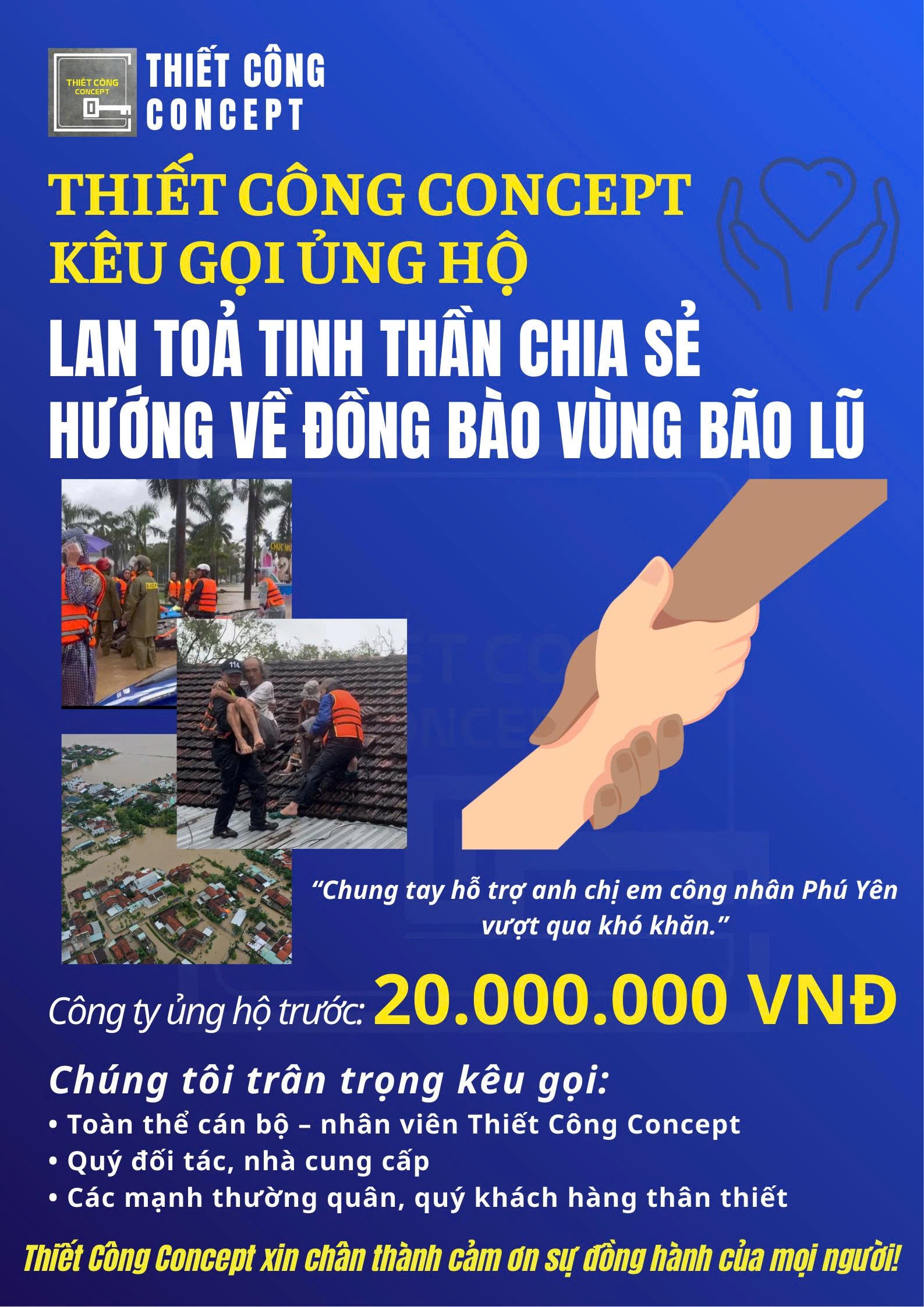 LAN TỎA TINH THẦN TƯƠNG THÂN TƯƠNG ÁI, CHIA SẺ KHÓ KHĂN CÙNG ĐỒNG BÀO ĐANG CHỊU THIỆT HẠI BÃO LŨ - THIẾT CÔNG CONCEPT KÊU GỌI HỔ TRỢ ĐÓNG GÓP
